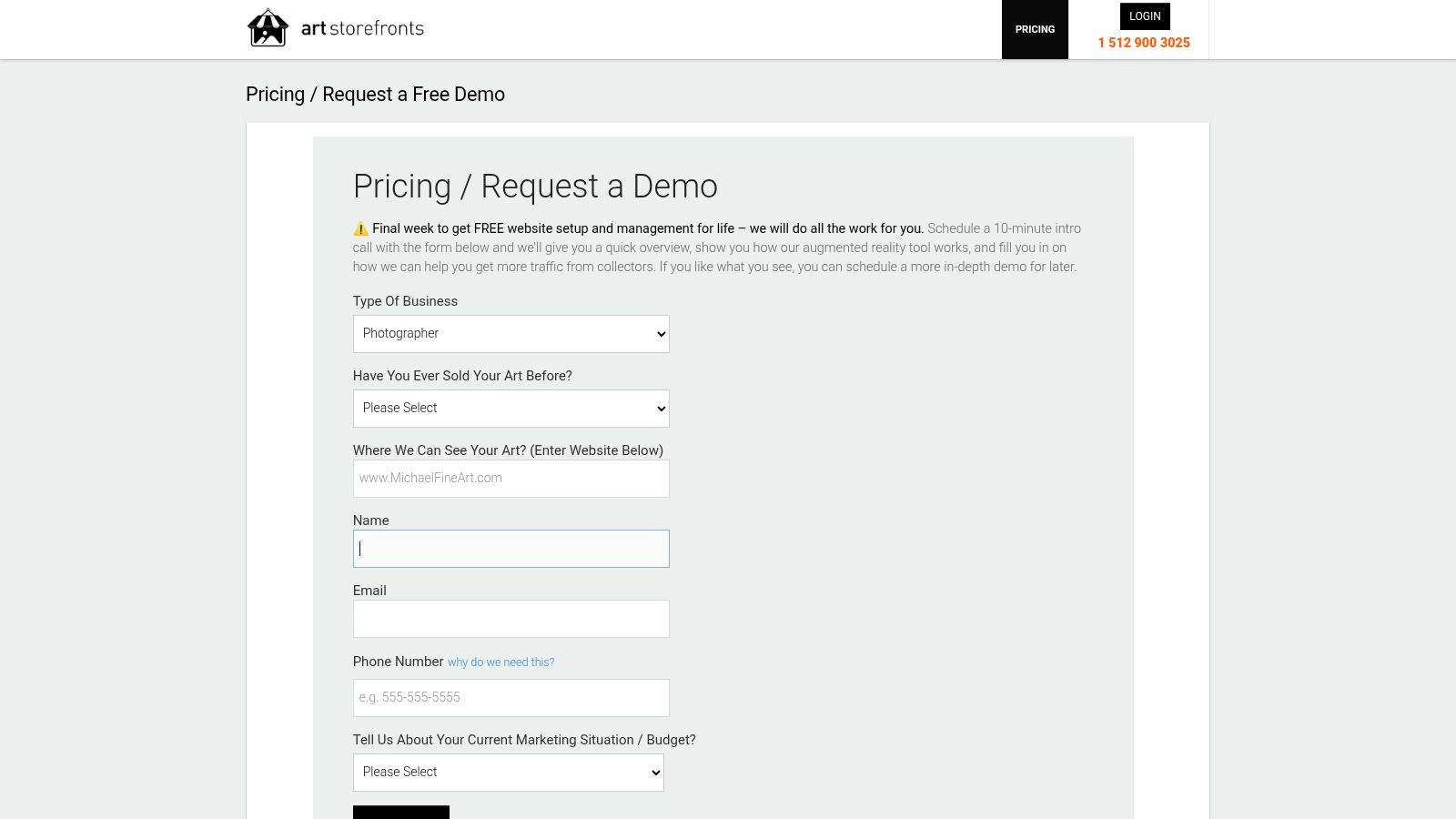 Art Storefronts demo request page