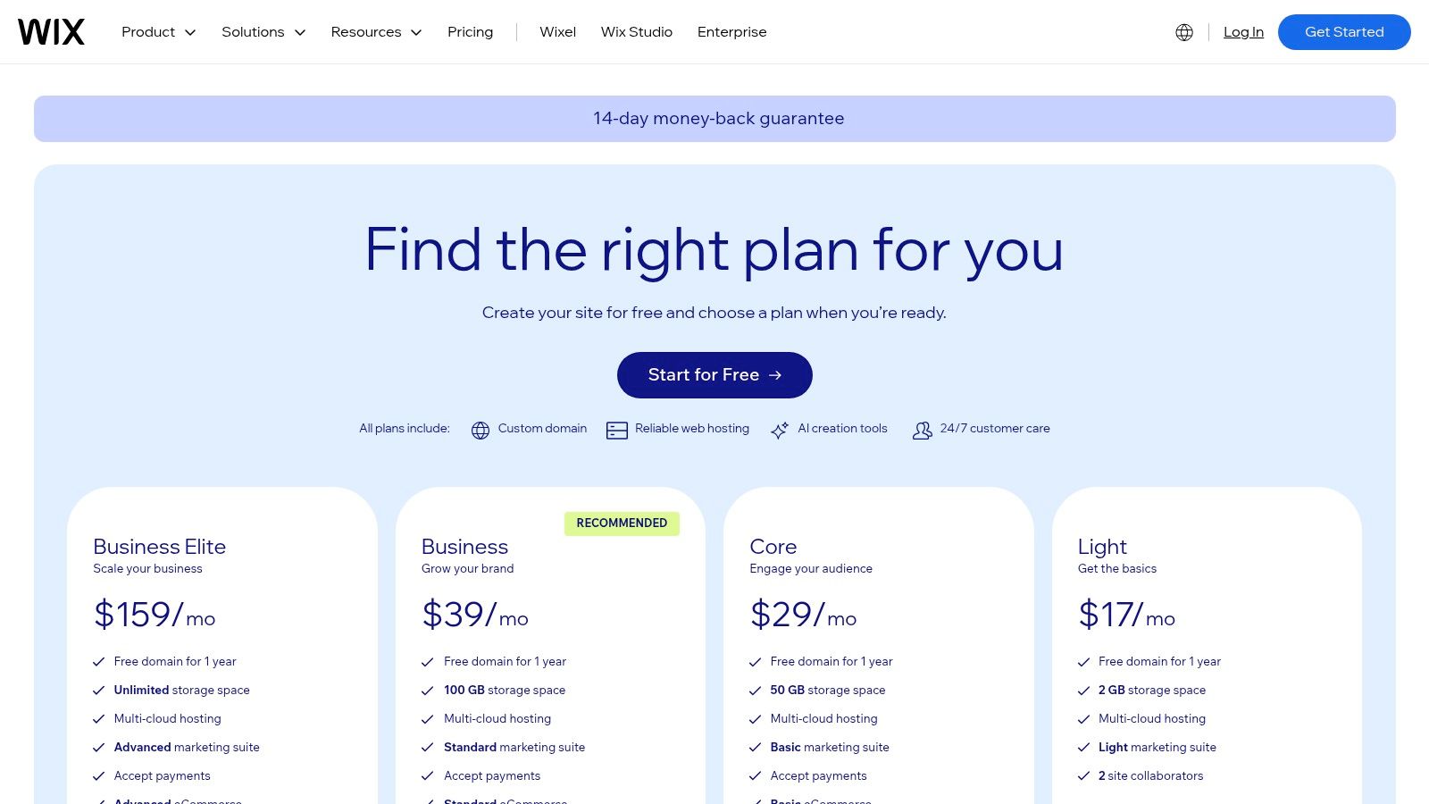 Wix pricing plans for artists