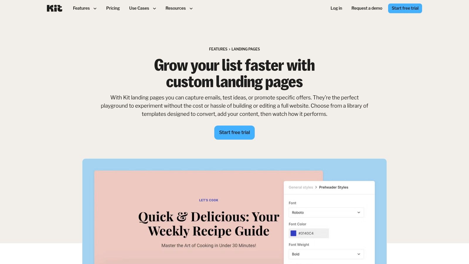 A screenshot of the Kit landing page editor, showing a clean interface with customization options on the side panel.