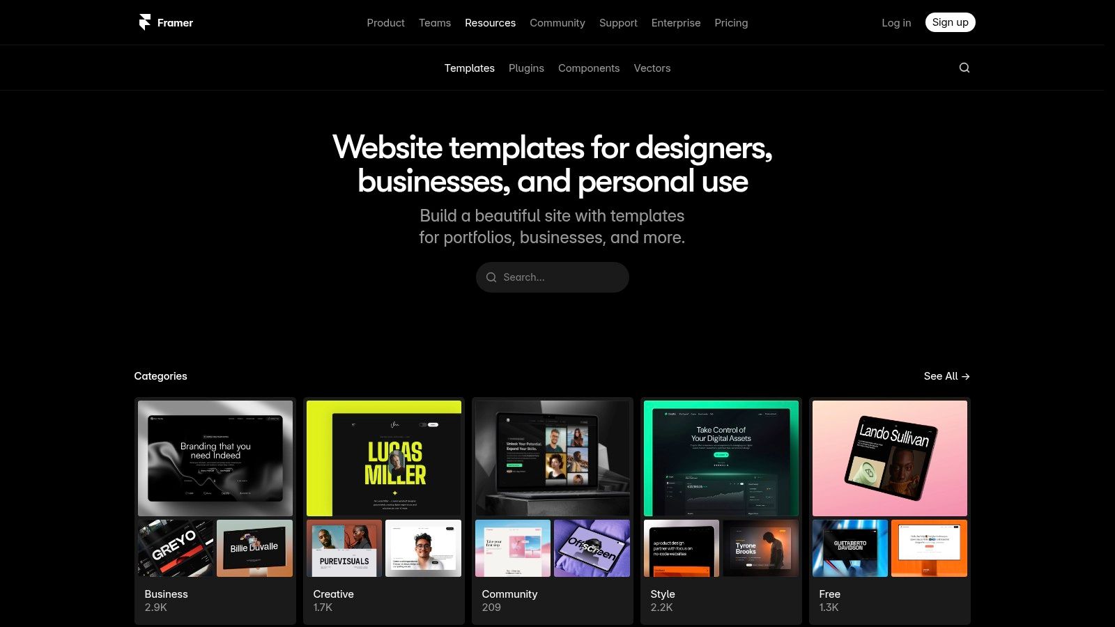 A screenshot of the Framer Marketplace showing several stylish templates for podcast landing pages.