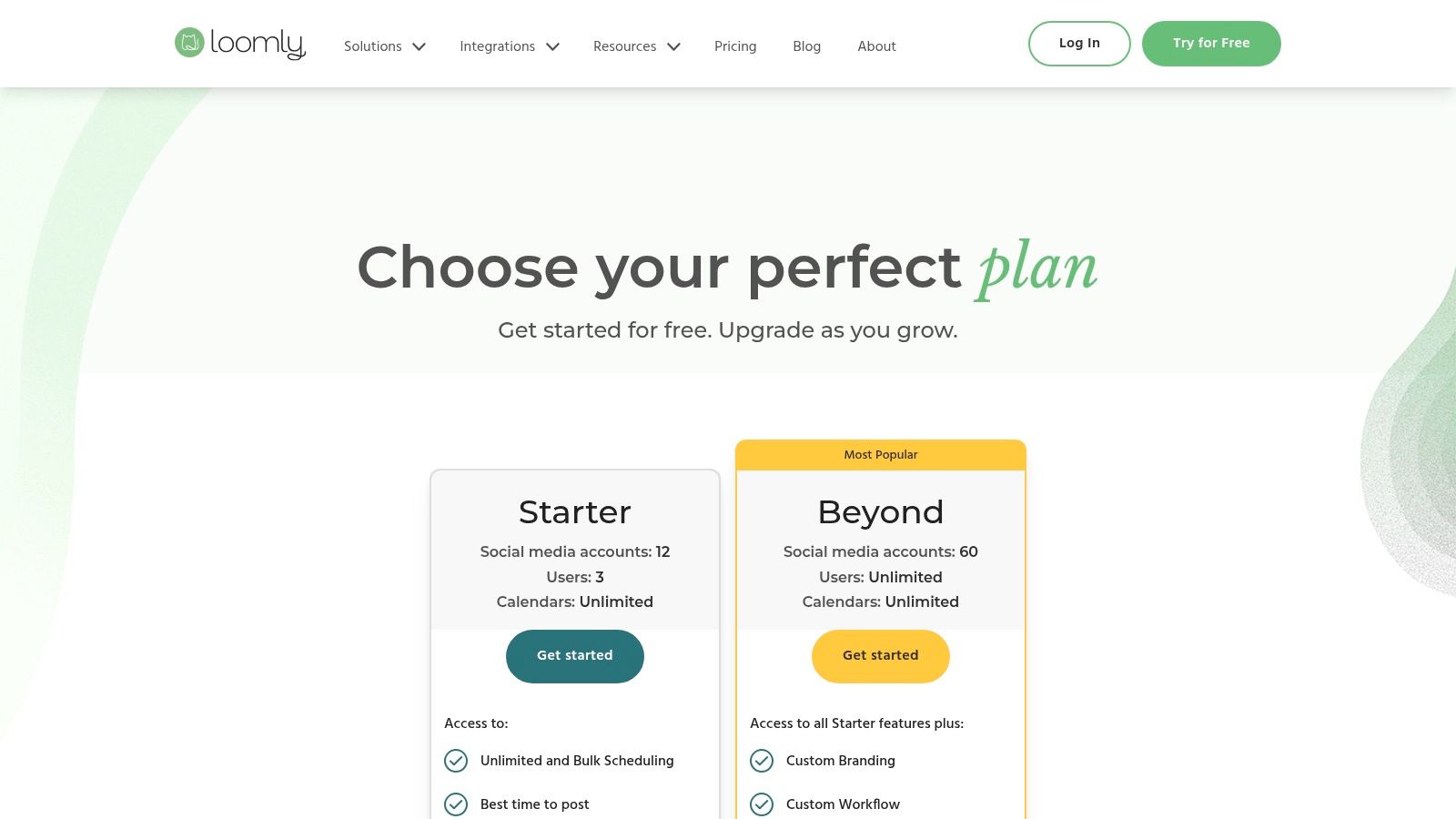 Loomly social media marketing tools for small business pricing plans