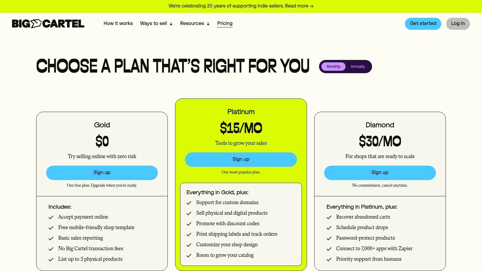 Big Cartel pricing plans for artists