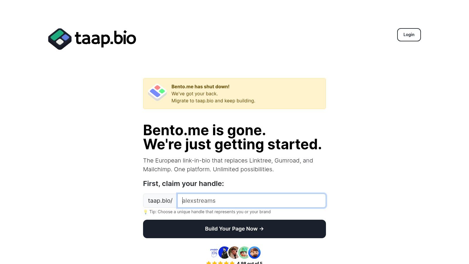 A visually appealing link-in-bio page created with taap.bio, showcasing its bento-box grid layout and various content integrations.