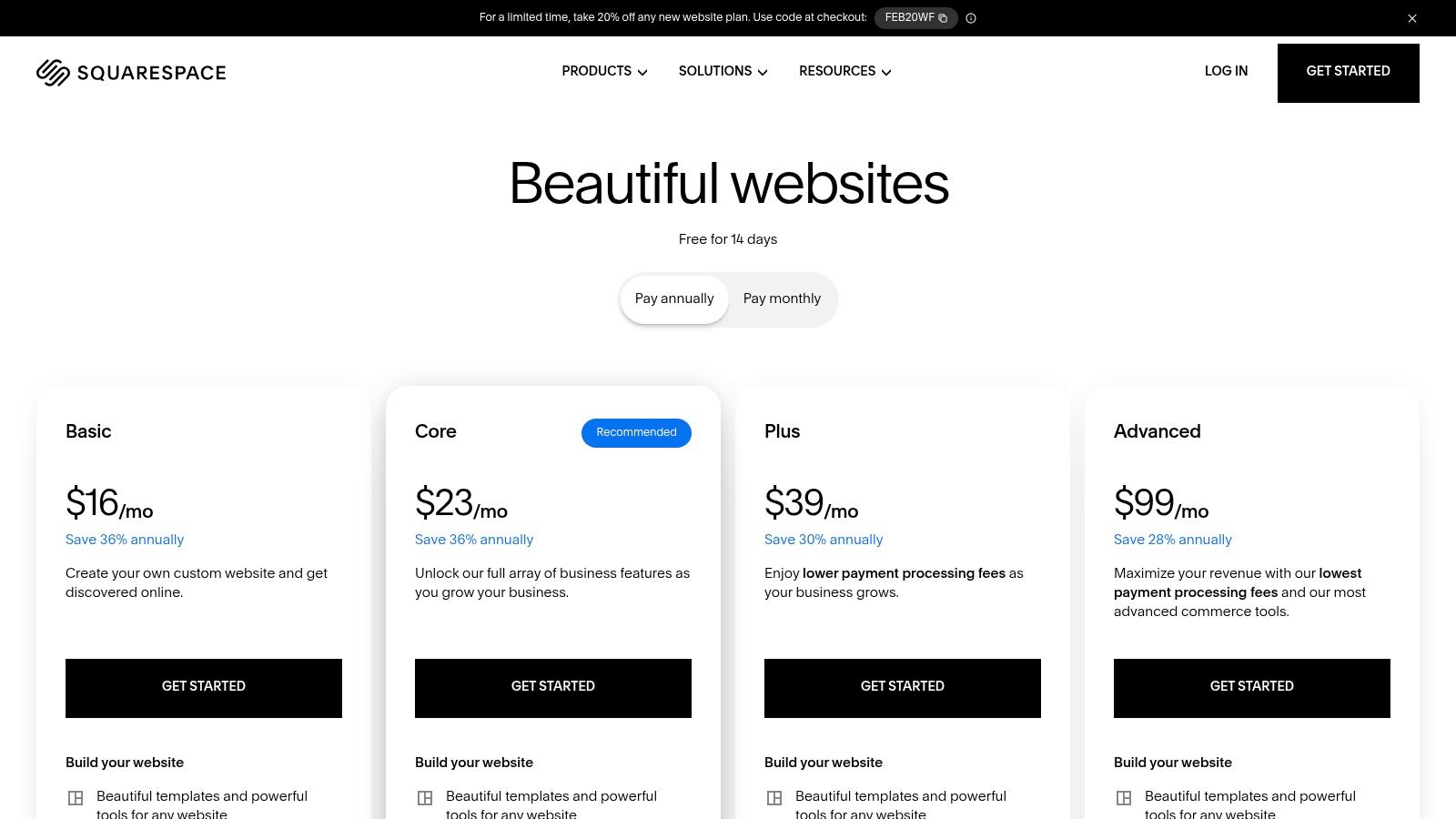 Squarespace pricing plans for artists