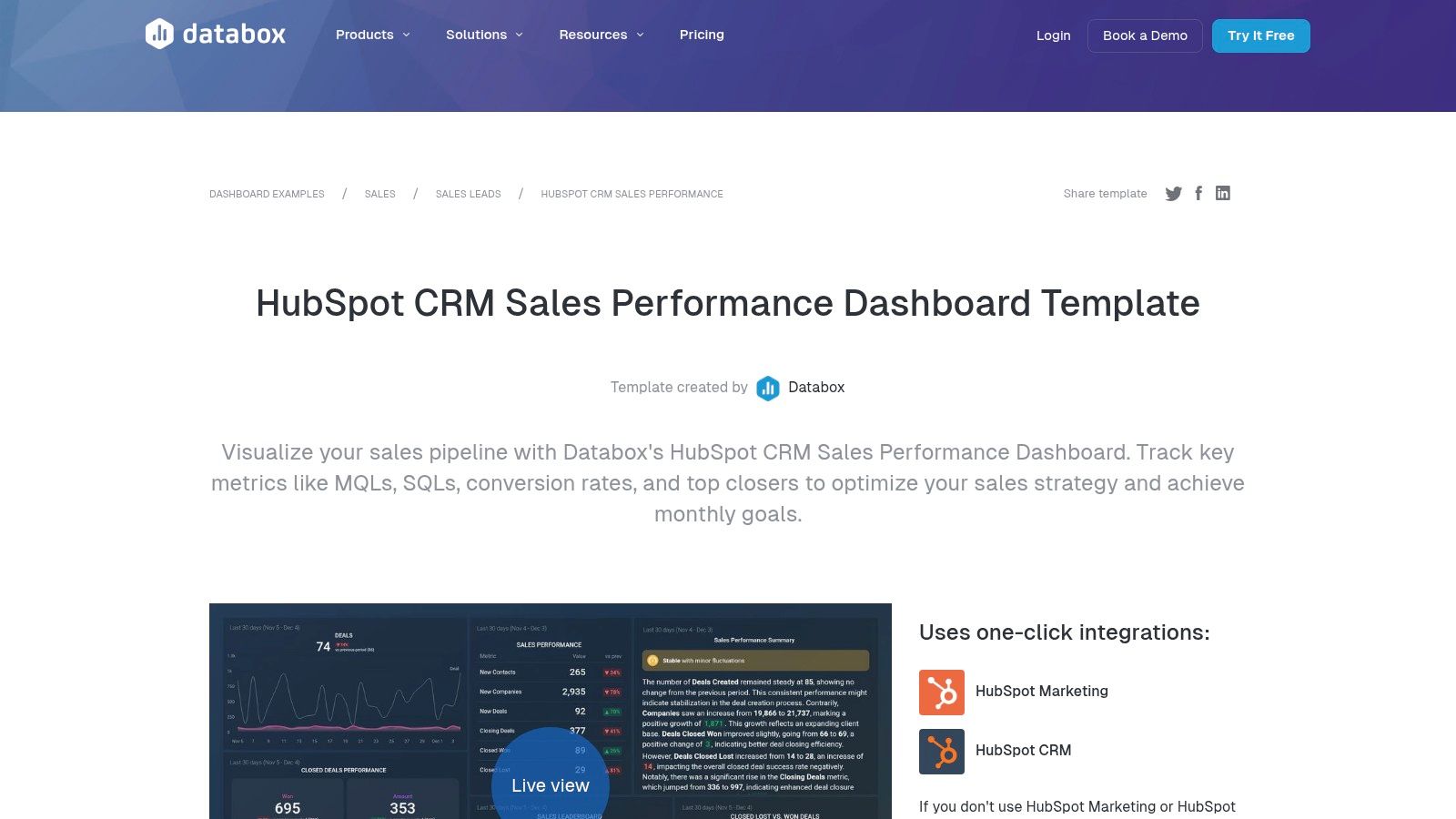Exemple de tableau de bord commercial sur Databox