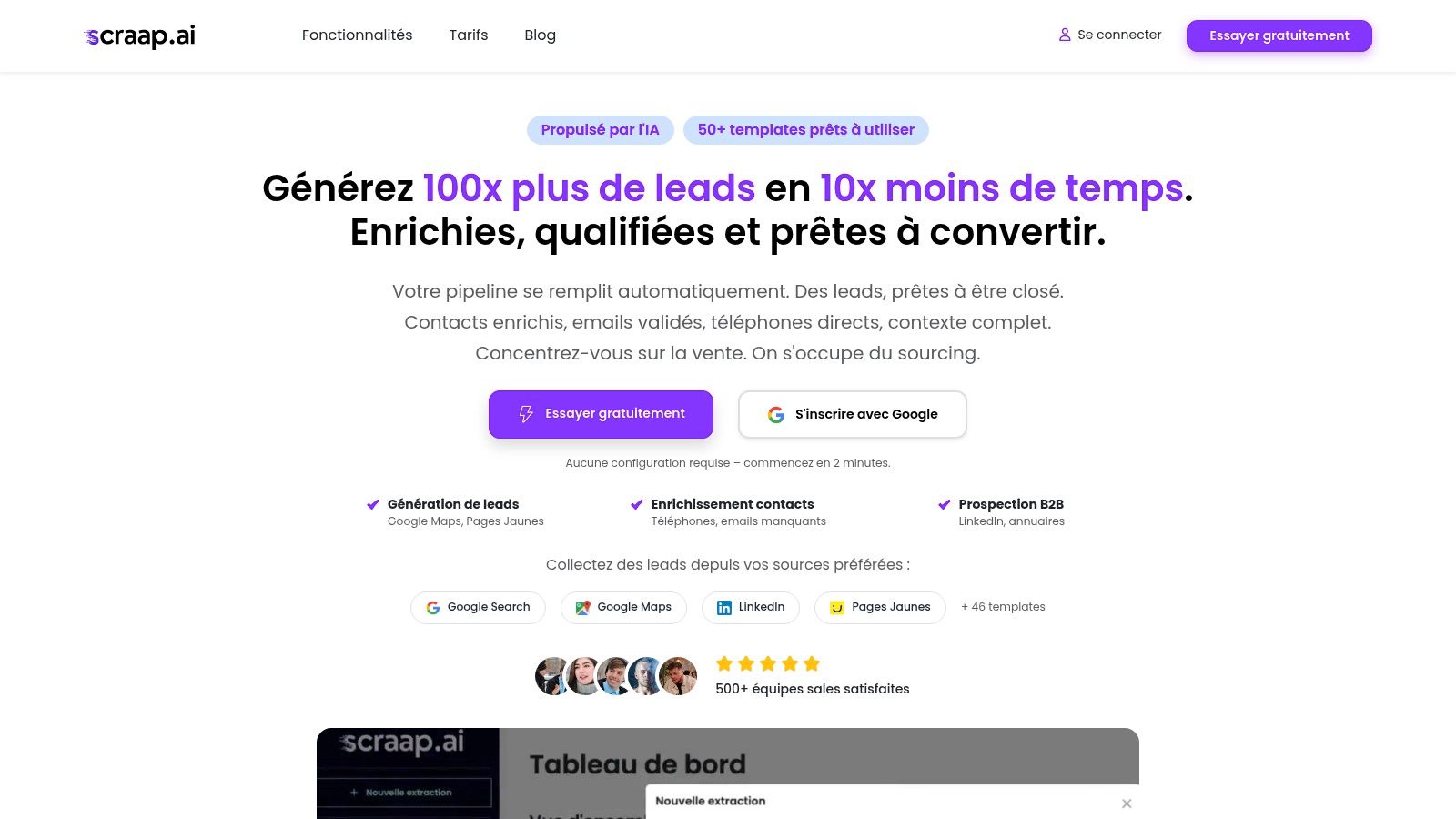 Tableau de bord de Scraap.ai montrant des fonctionnalités de scraping et d'enrichissement de données pour la génération de leads B2B