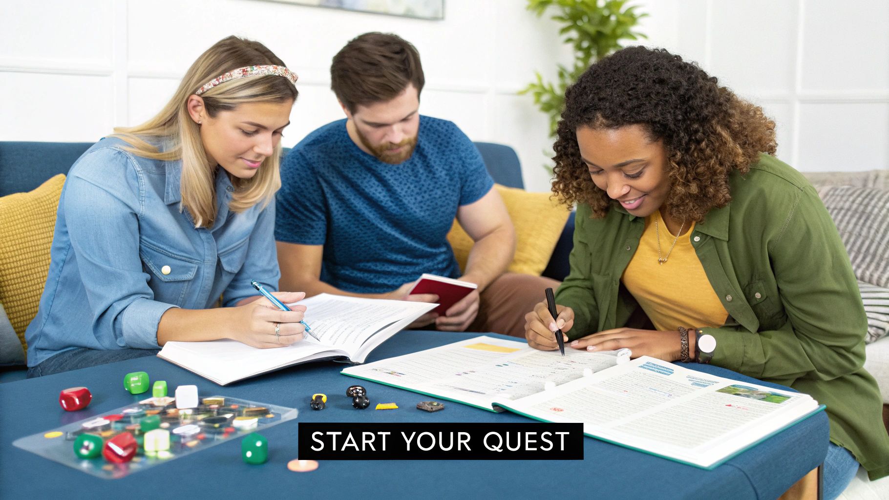 Three diverse friends intently playing a tabletop role-playing game with dice and rulebooks on a blue table.
