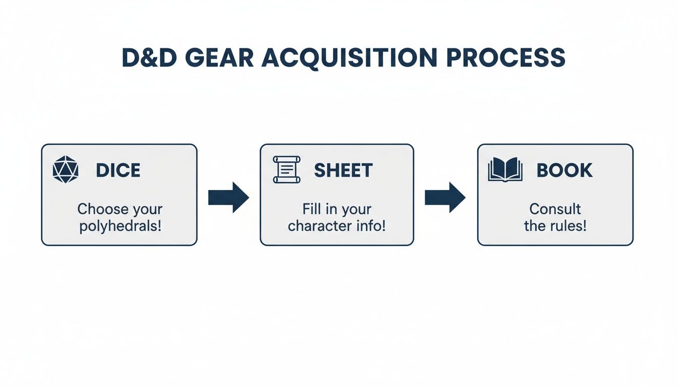 Flowchart illustrating the D&D gear acquisition process: dice, character sheet, and rule book.