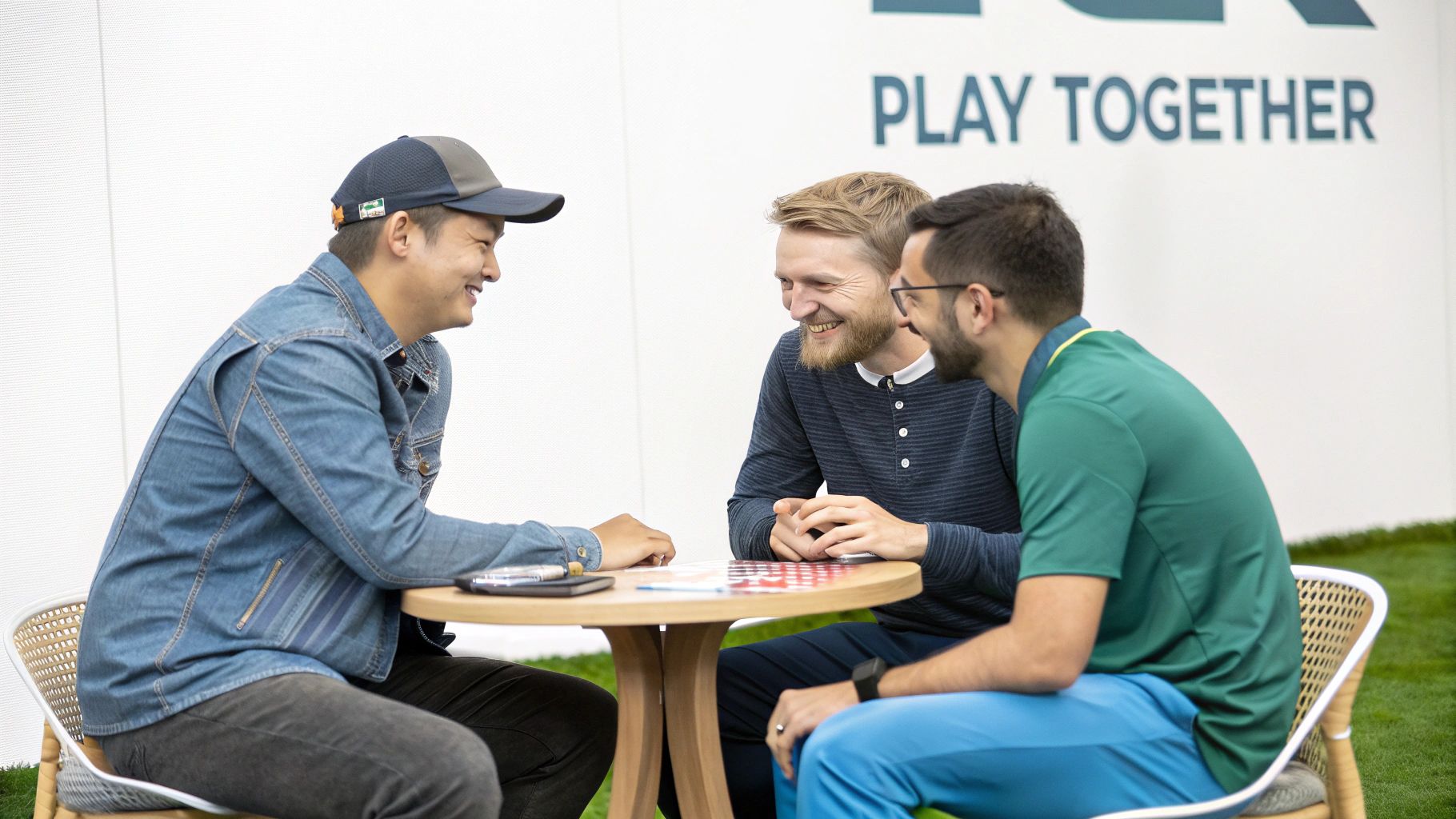 Three diverse men happily discussing around a table, with 'PLAY TOGETHER' in the background.