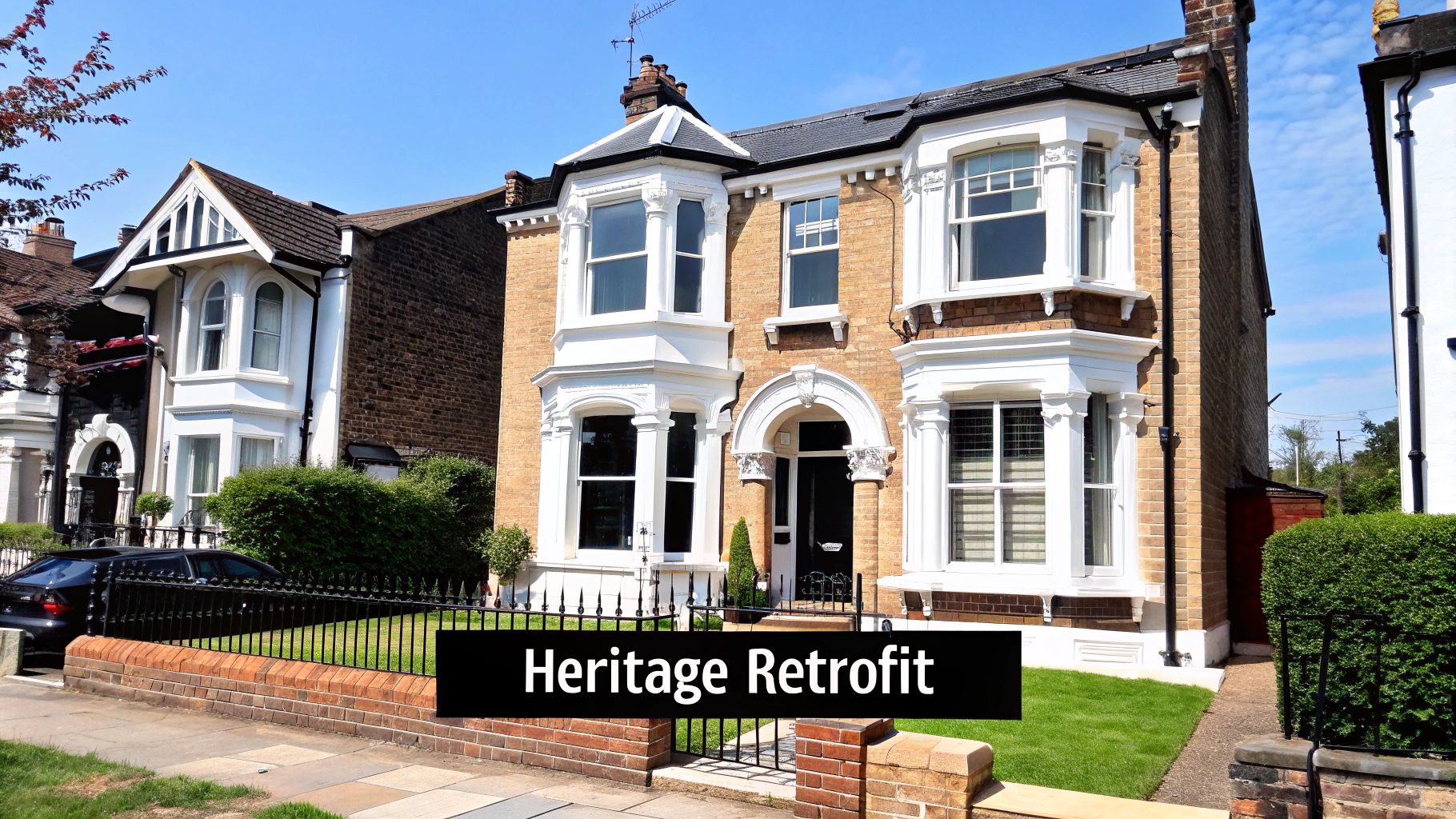 A large, traditional brick house with white bay windows and a small front garden.