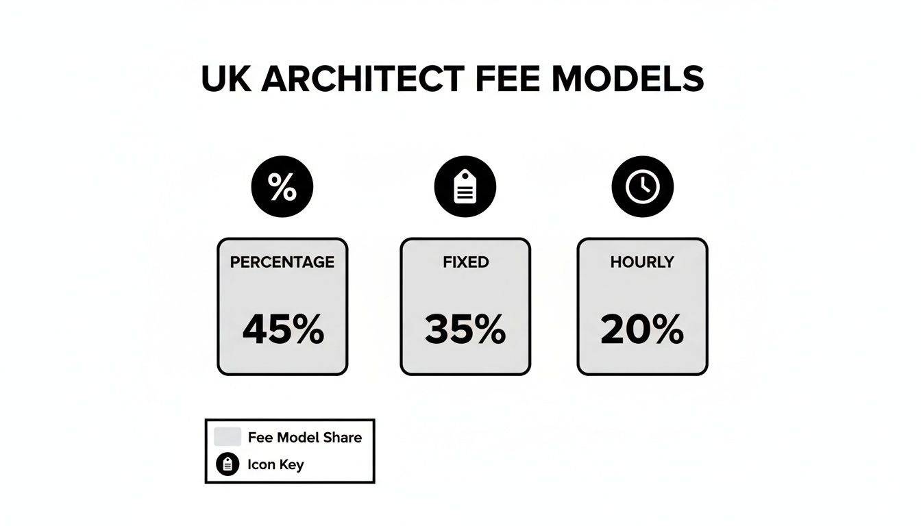 Infographic showing UK architect fee models: percentage (45%), fixed (35%), and hourly (20%) with icons.