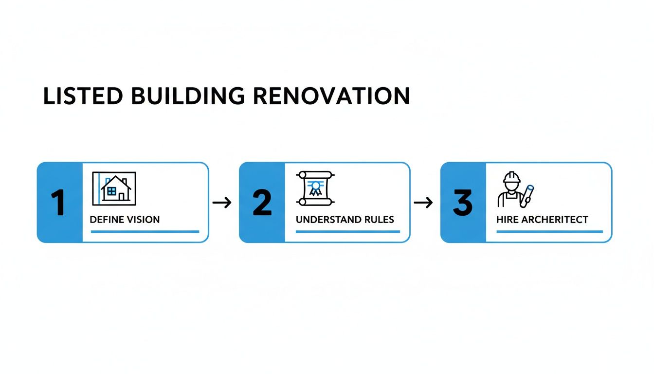 A three-step infographic outlining the listed building renovation process: define vision, understand rules, hire architect.