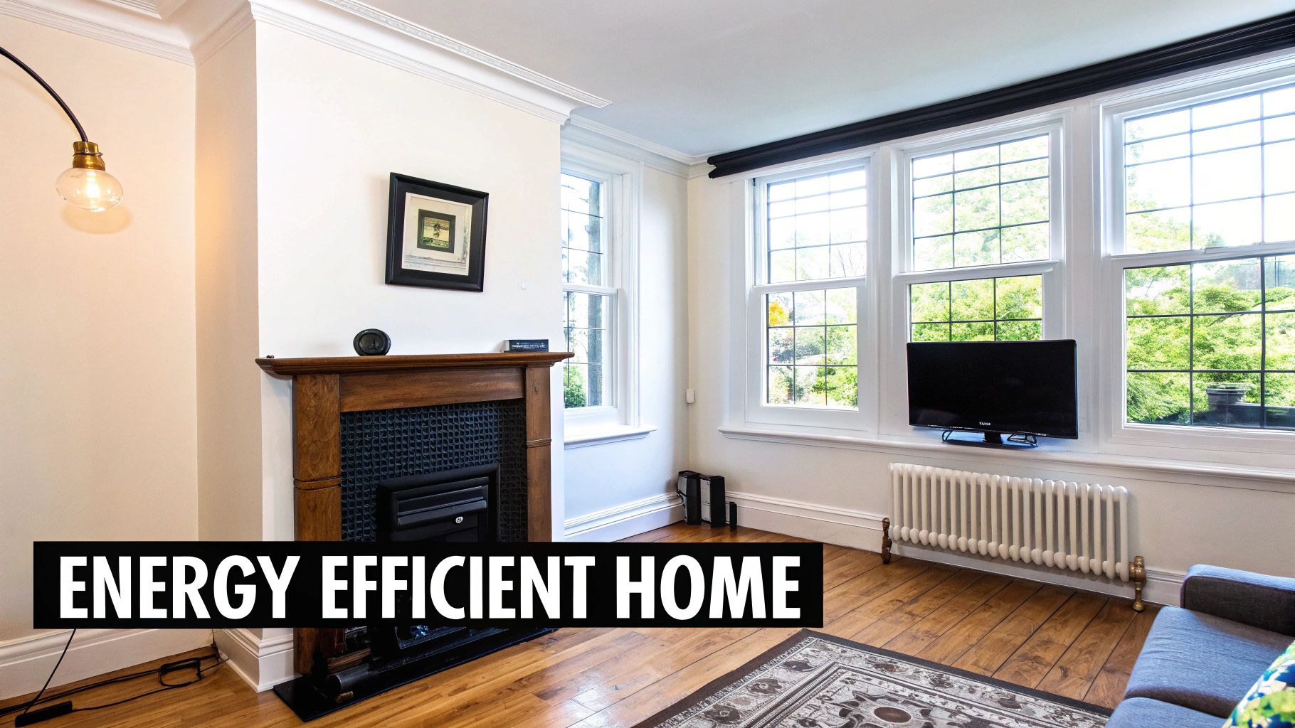 A bright living room in an energy-efficient Edwardian home with a fireplace, large windows, and radiator.