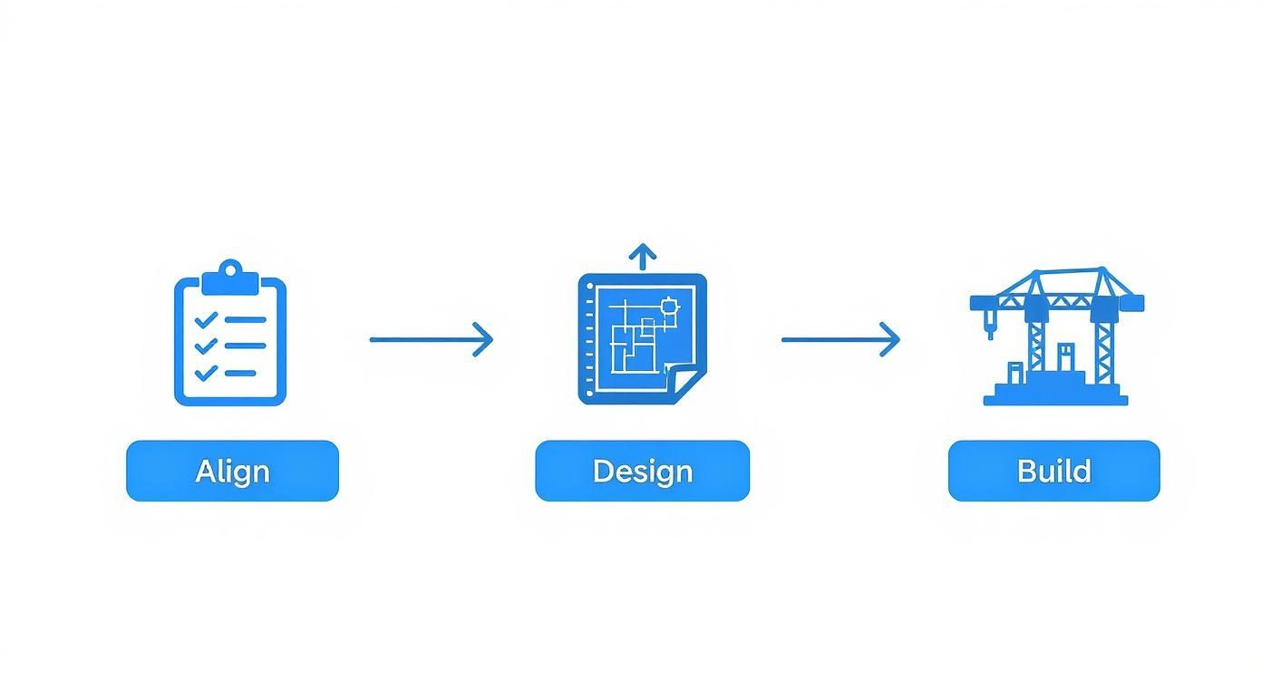 A three-step process illustrating 'Align' with a checklist, 'Design' with a blueprint, and 'Build' with a construction crane.