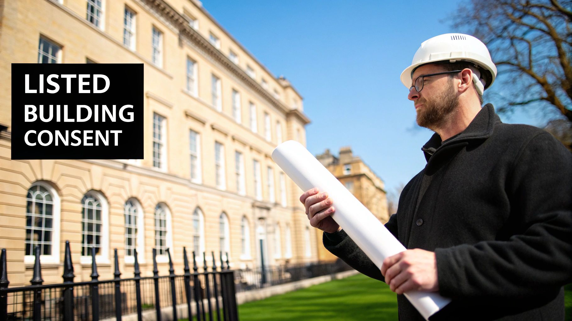 A man in a hard hat holds plans in front of a historic building, with a 'Listed Building Consent' sign.