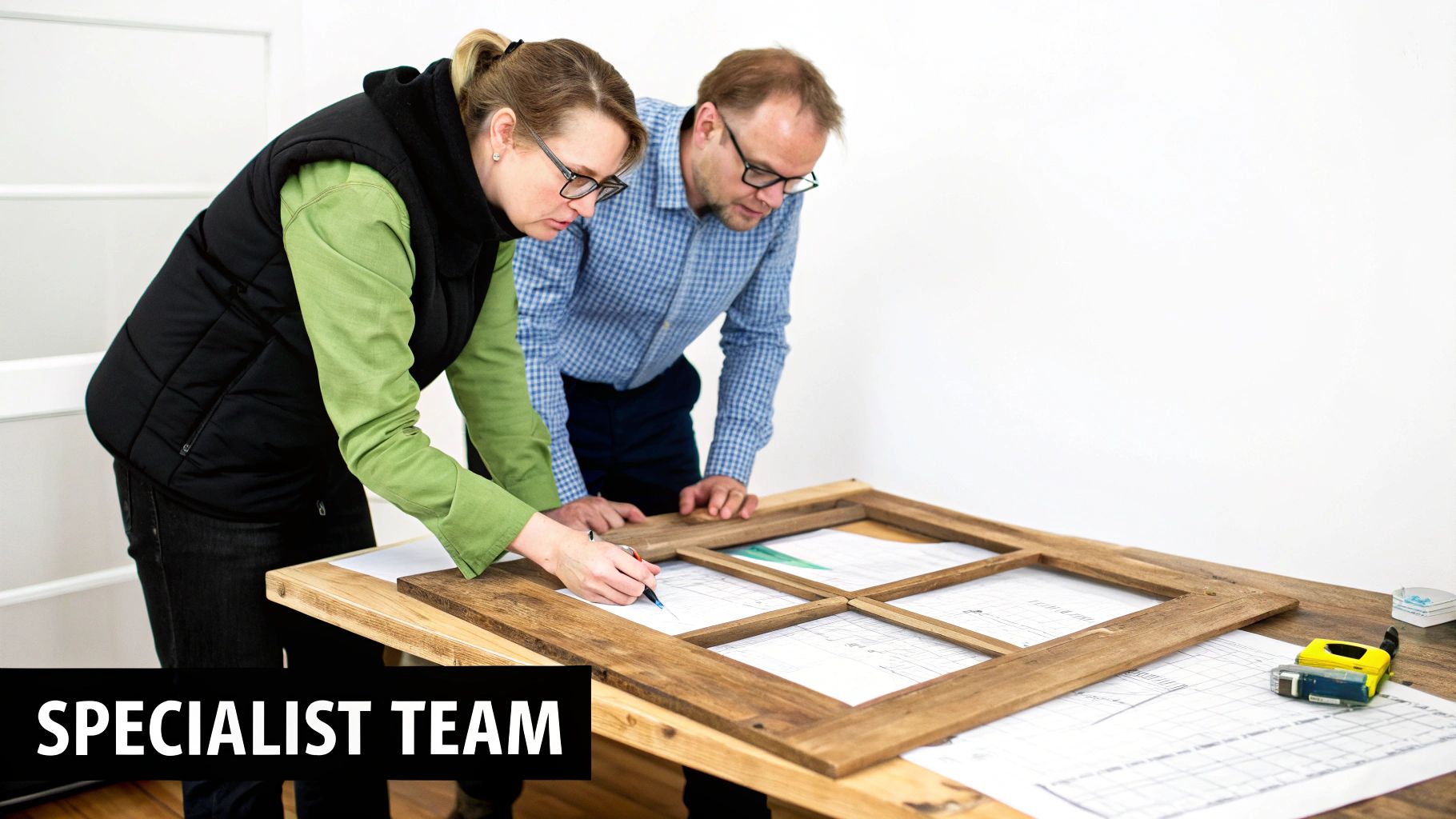 A team of specialist builders and architects collaborating on-site at a listed building renovation project.