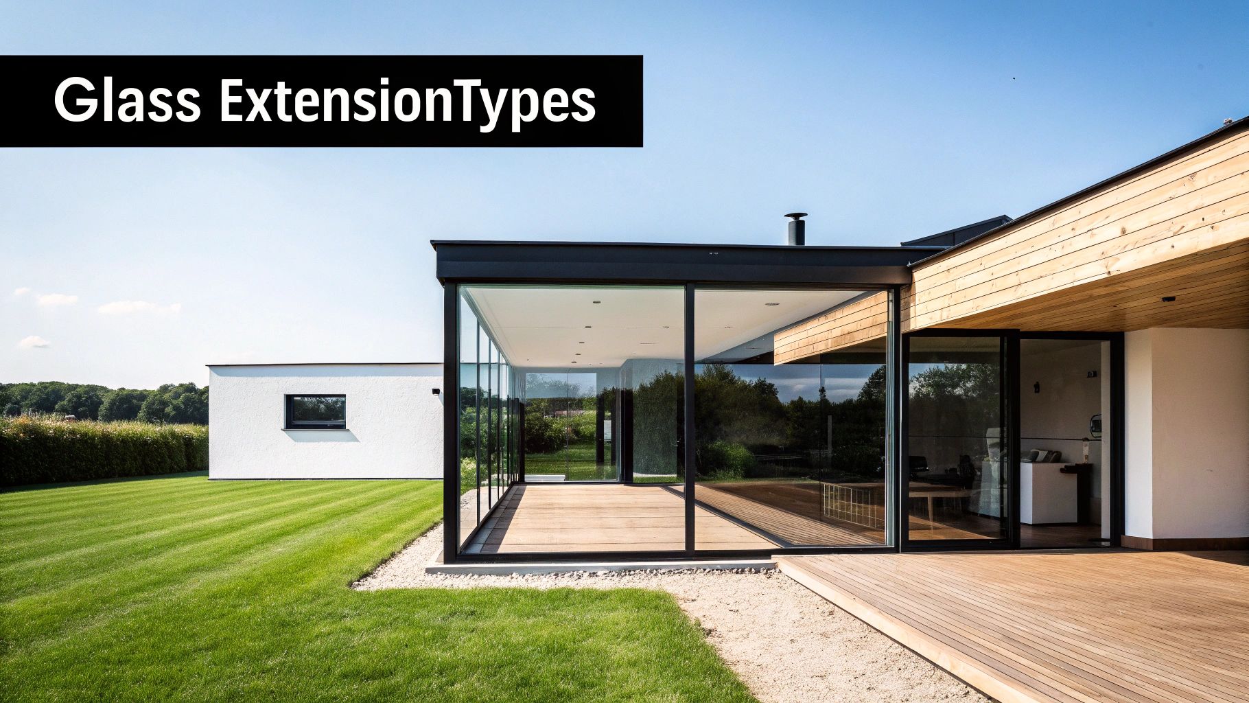 A modern house features a sleek glass extension, a large wooden deck, and a manicured green lawn.