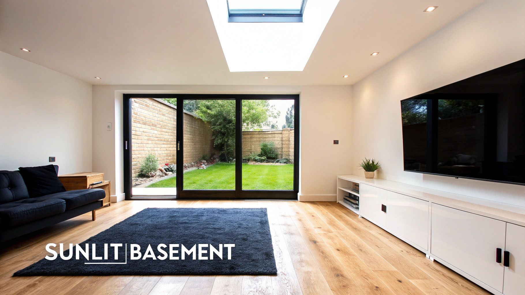 A modern, sunlit basement living room with a black sofa, a garden view, and a large skylight.