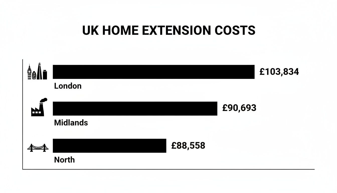 Bar chart illustrating UK home extension costs by region: London, Midlands, and North.