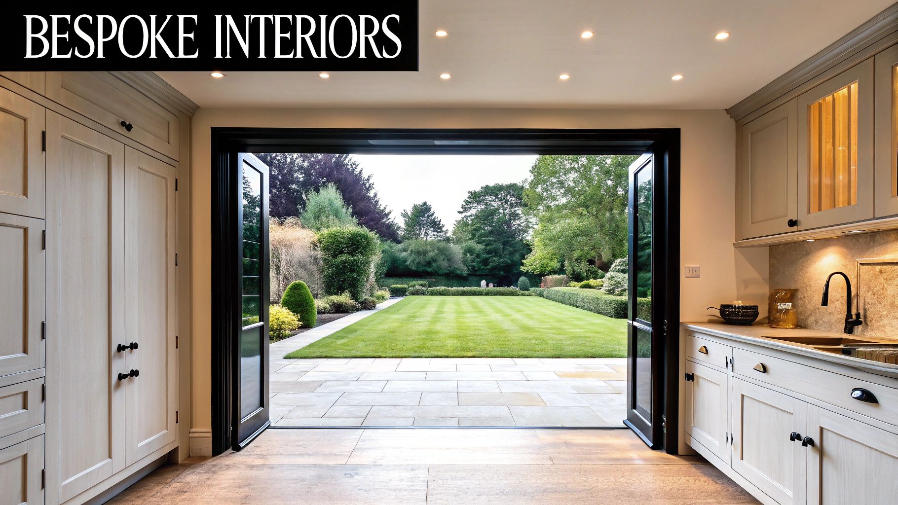 Bespoke kitchen with light cabinetry and a view to a manicured green garden through open doors.