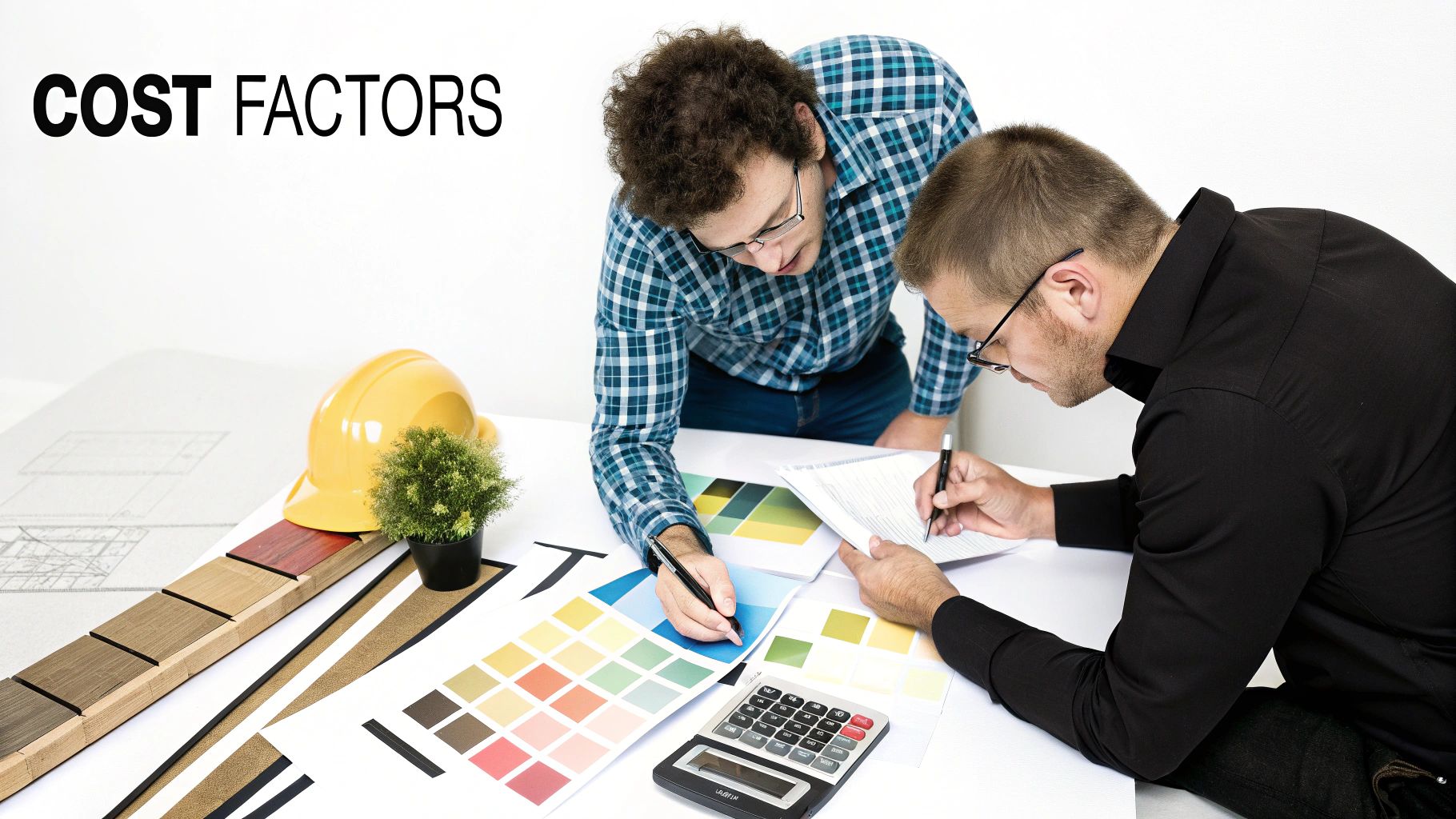 Two construction professionals discuss cost factors, design elements, color palettes, and blueprints on a table.