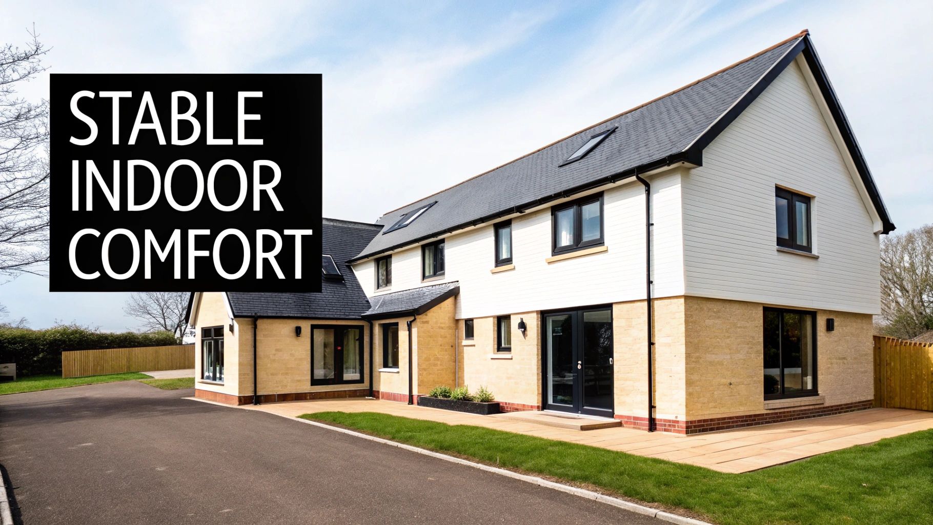 A modern, energy-efficient passive house with light brick and white siding, featuring black windows and "STABLE INDOOR COMFORT" text.