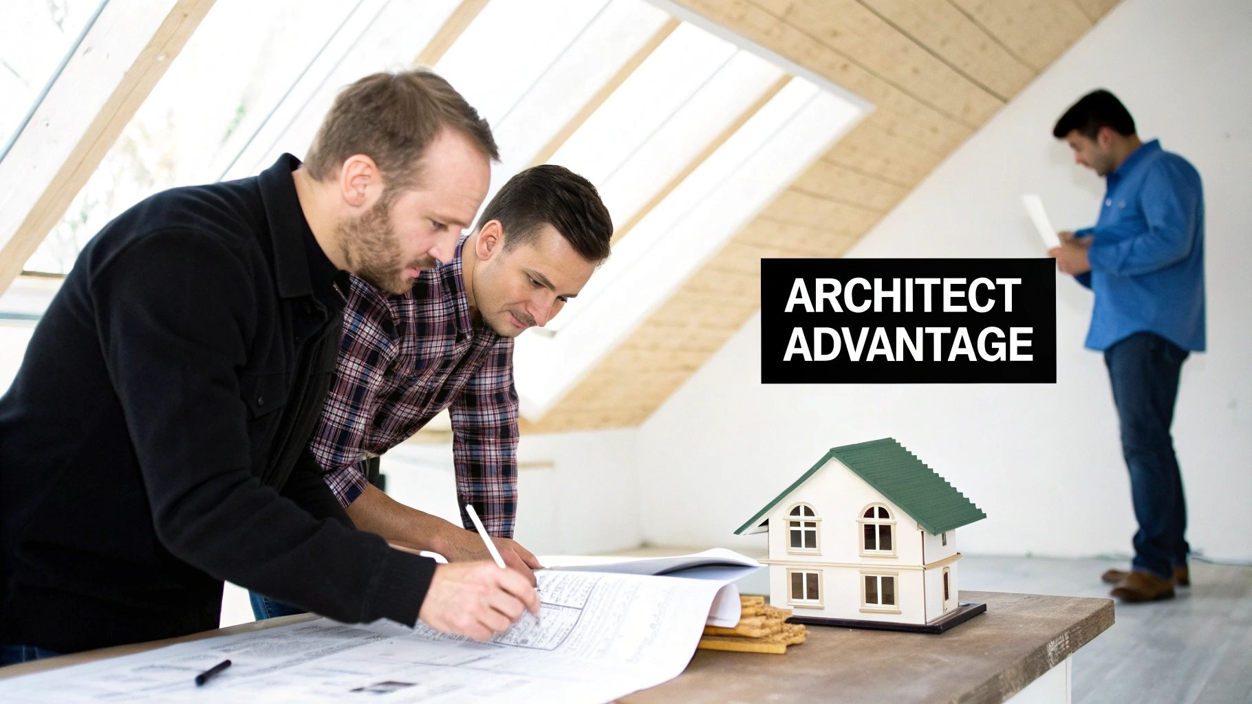 Two architects review blueprints and a house model in a bright loft space, discussing plans.