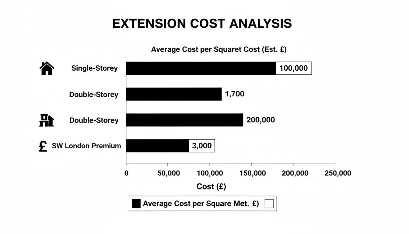 Bar chart showing estimated extension costs for single-storey, double-storey, and London premium.