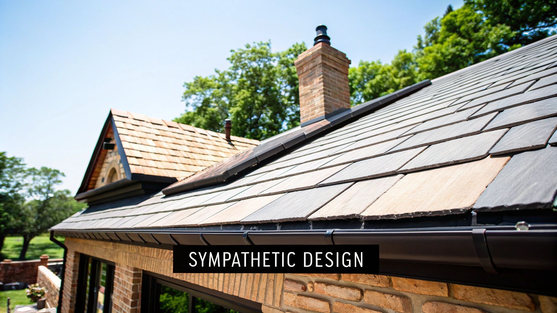 A detailed view of a multi-textured roof with a brick chimney and modern gutters, under a blue sky.