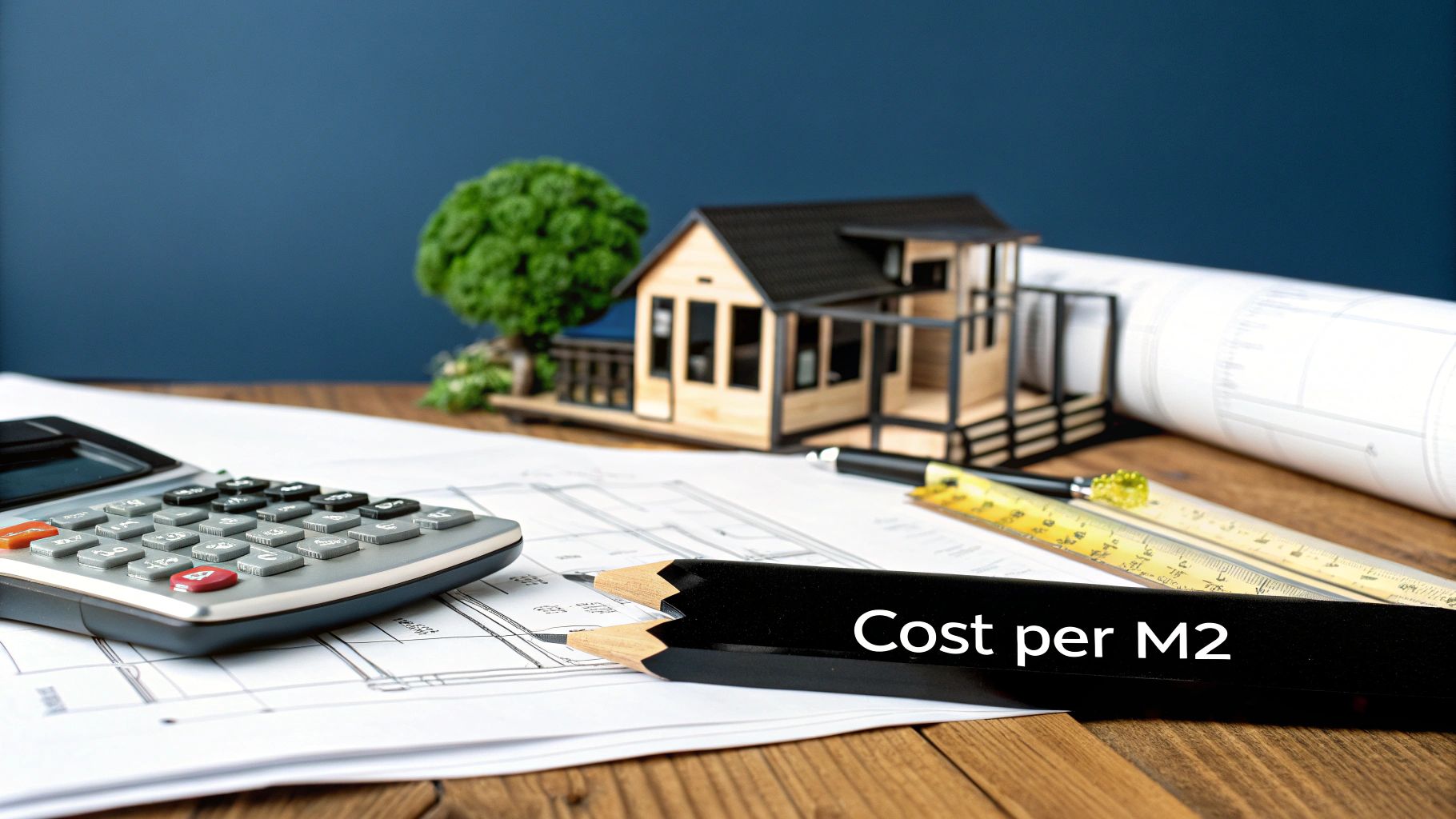 Calculating house extension costs with a model, blueprints, calculator, and 'Cost per M2' pencil.