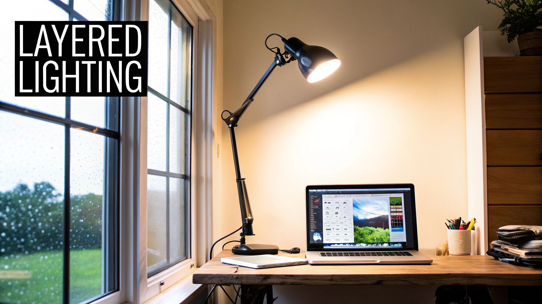 A well-lit home office with a large window and a stylish desk lamp.