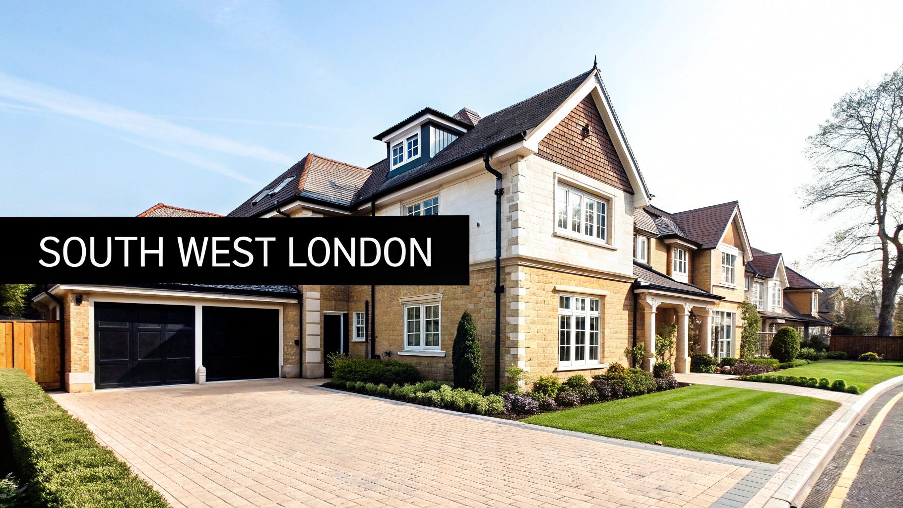 A large, modern, luxurious house with a double garage and landscaped garden in South West London.