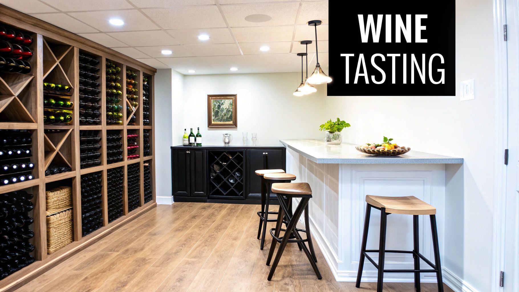 A luxurious basement wine cellar and tasting bar with wooden racks, black cabinets, and bar stools.