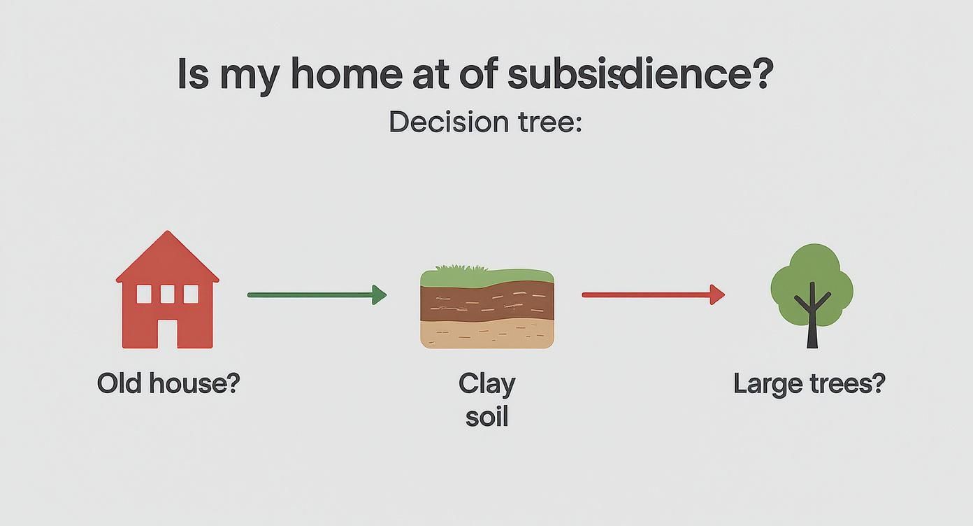 Decision tree flowchart showing an old house, clay soil, and large trees, asking about home subsidence risk.