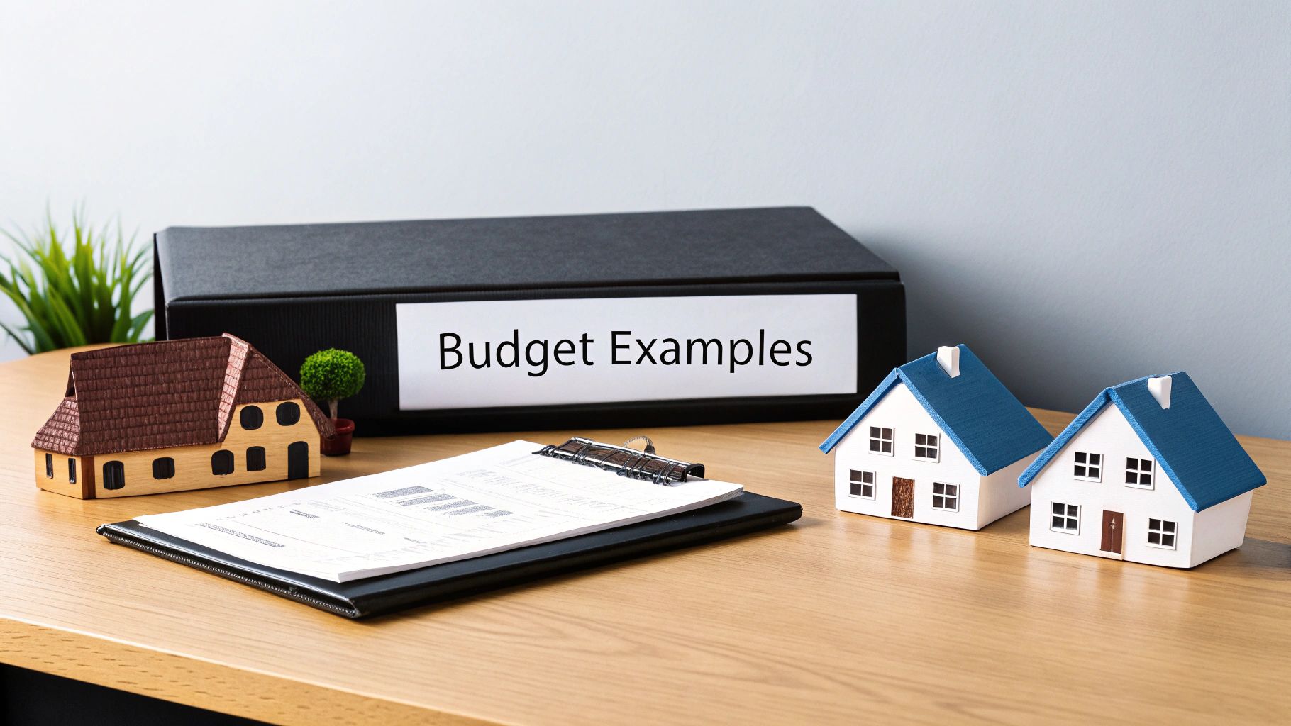 A desk with model houses, a binder labeled 'Budget Examples', and financial documents for real estate planning.