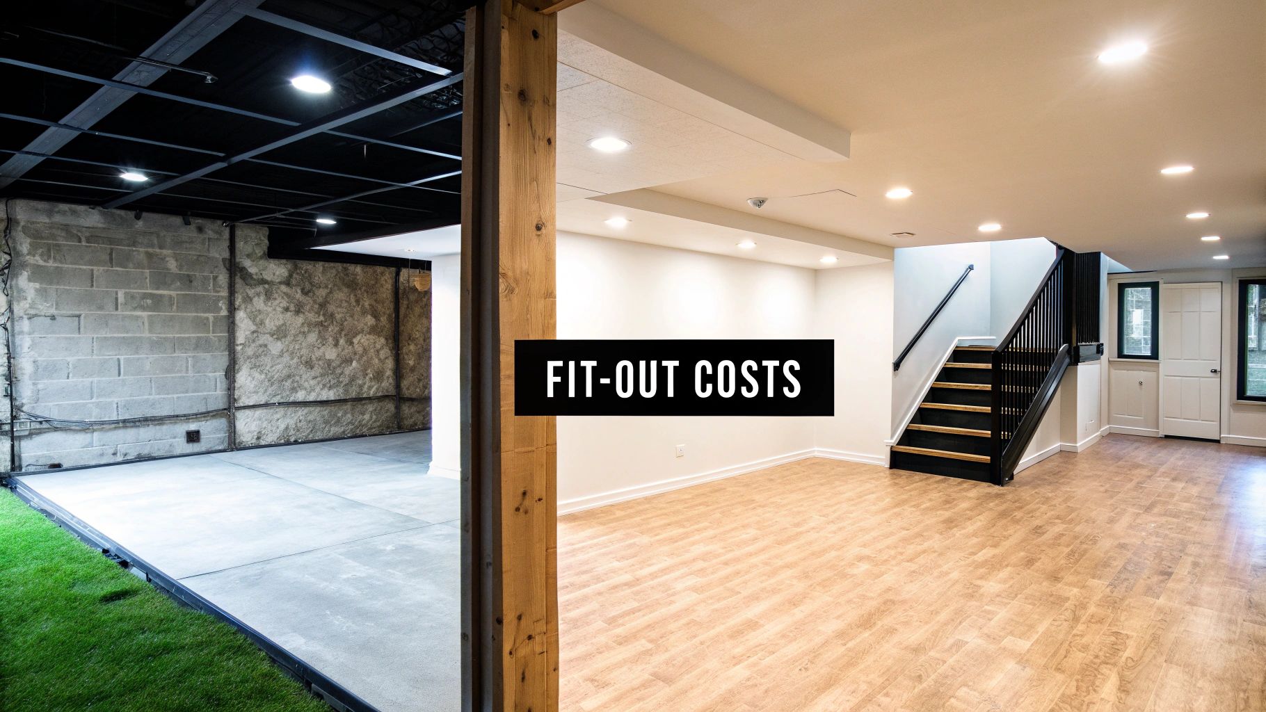 A split image contrasting an unfinished basement with a fully renovated and finished basement interior.