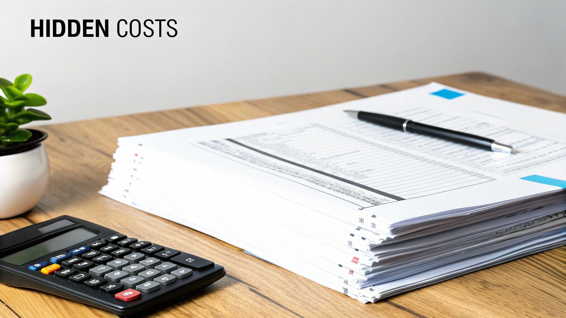 A desk with a calculator, a stack of financial papers, a pen, and a small plant. Text reads 'HIDDEN COSTS'.