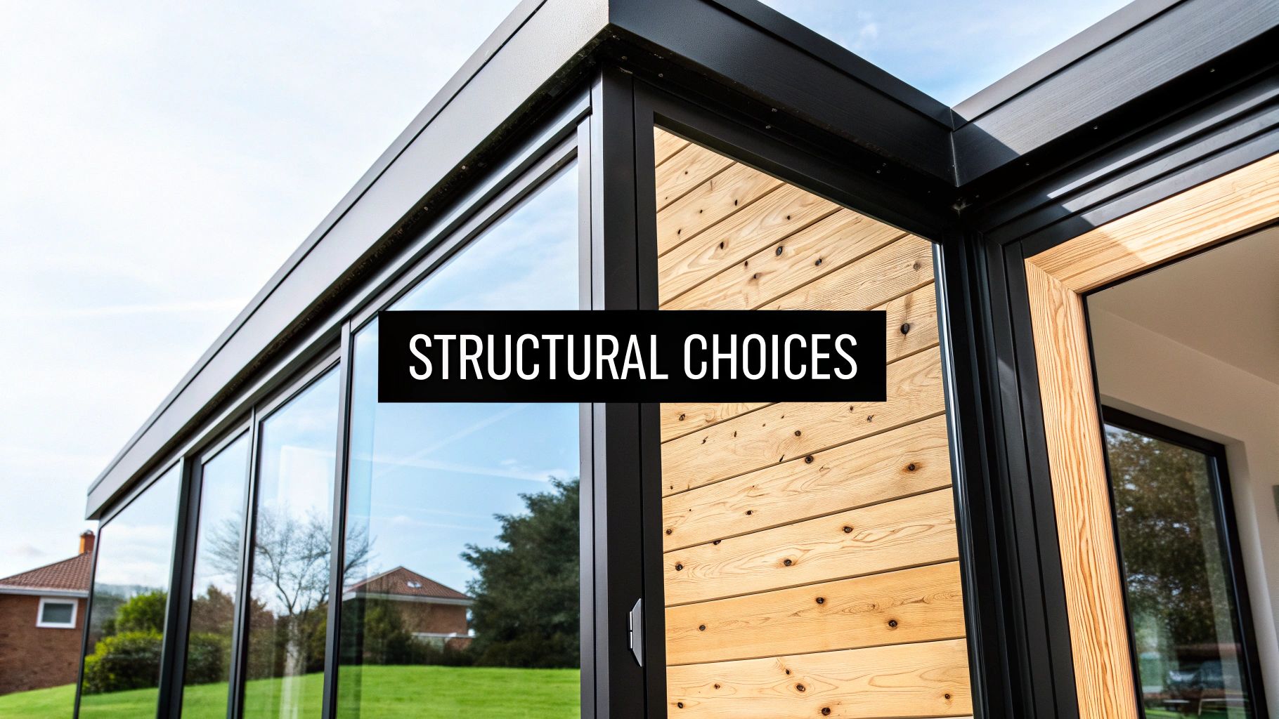 Modern building extension with large glass windows, black frames, and natural wooden cladding under a clear sky.