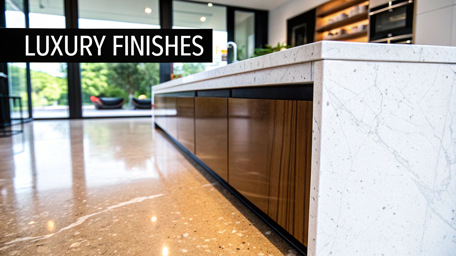 Modern kitchen island with white stone countertop, wooden cabinets, and polished floor in a luxurious home.