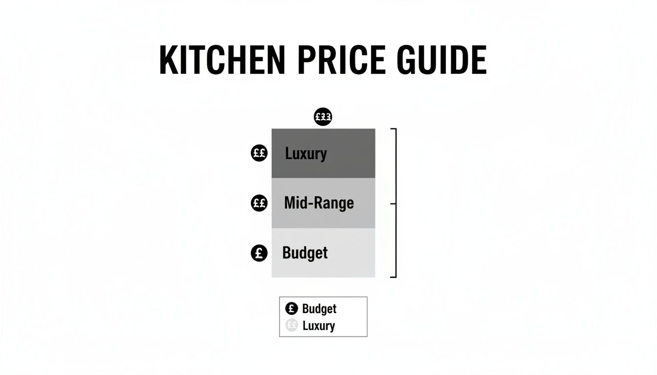 A kitchen price guide illustrating budget, mid-range, and luxury cost categories with pound symbols.