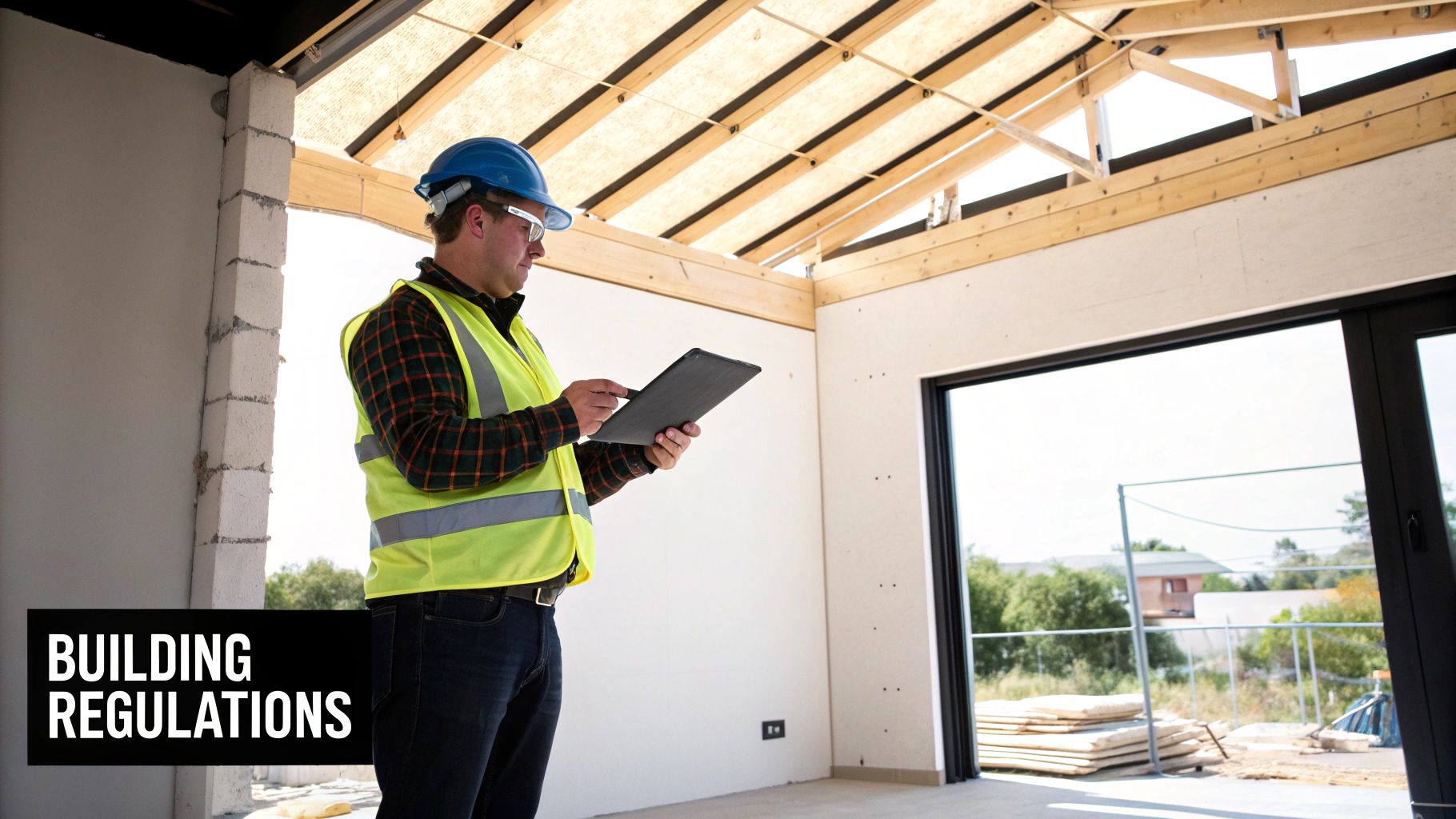 A construction worker in safety gear reviews plans on a tablet at a building site.