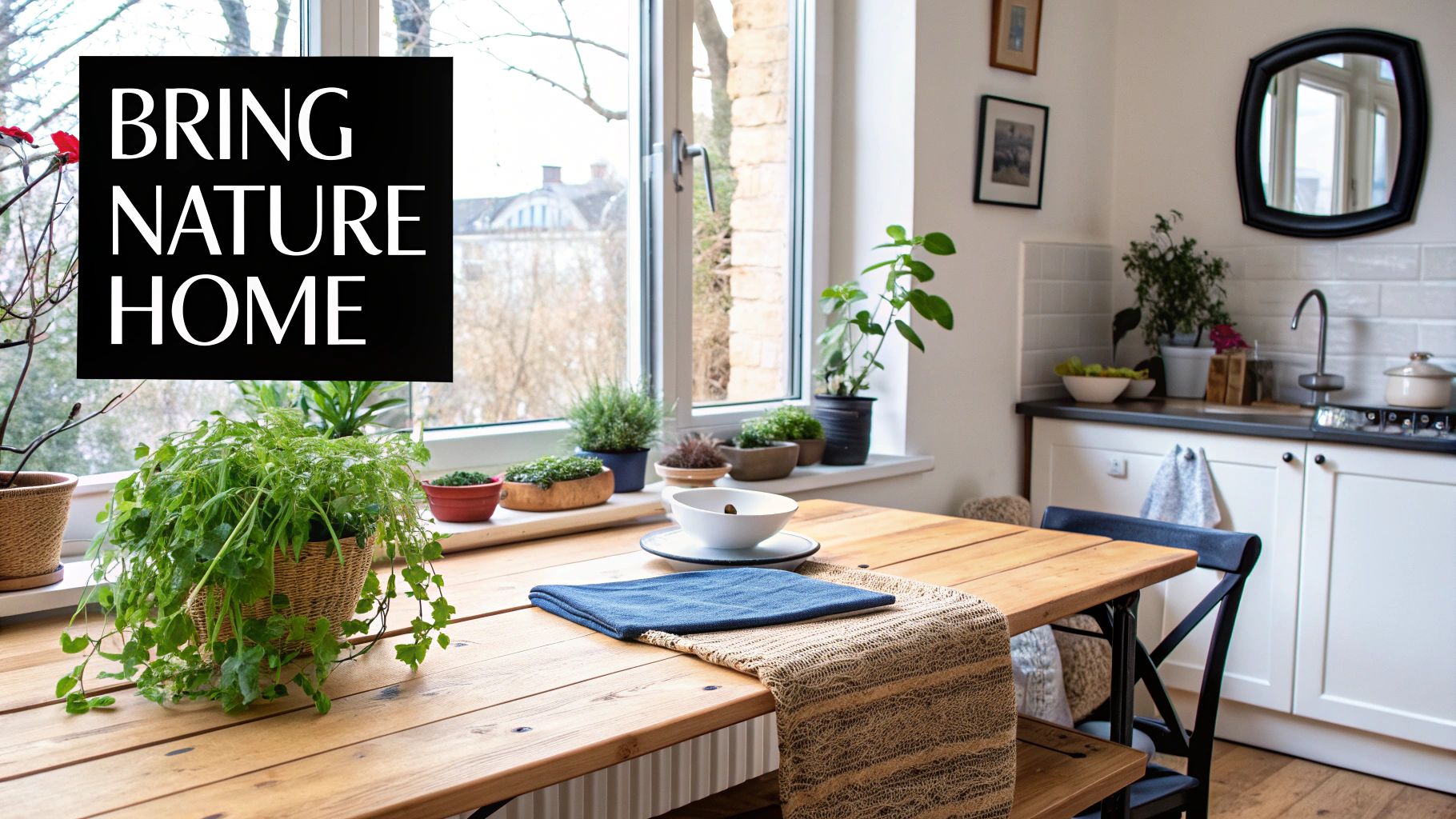 A bright, modern living room featuring large windows, wooden floors, and numerous houseplants, demonstrating biophilic design principles.