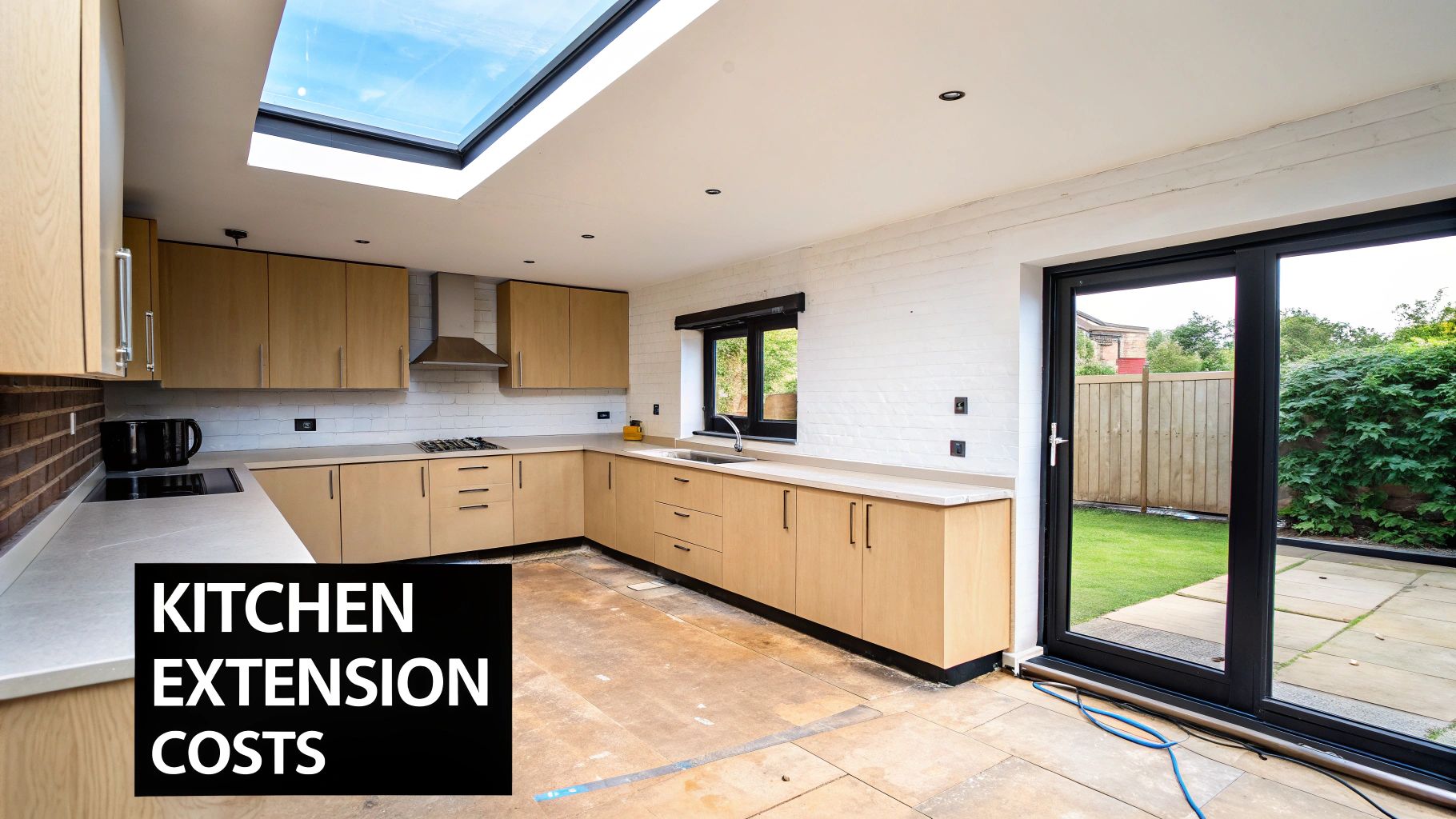 A modern, well-lit kitchen extension with an island and dining area