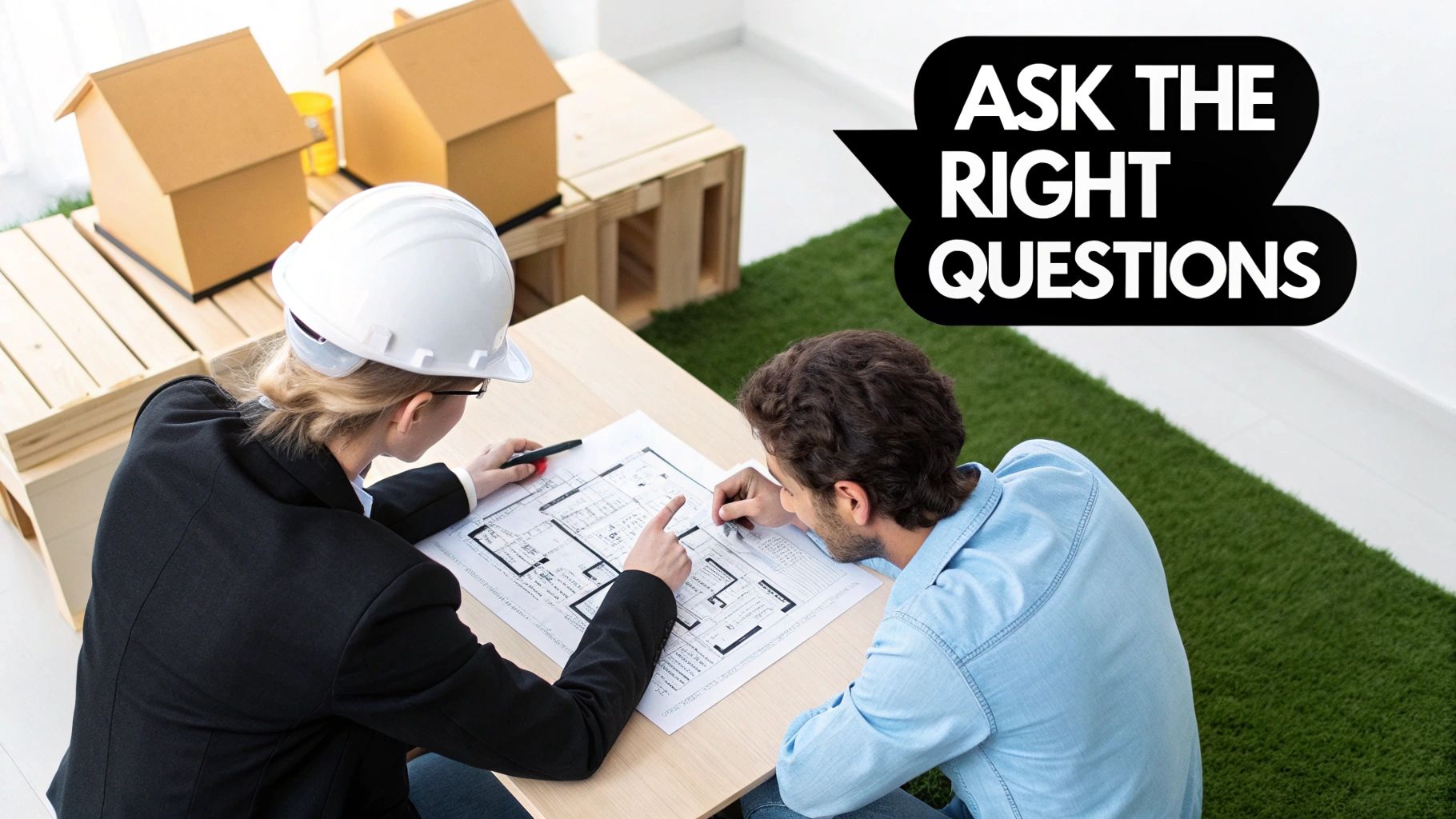 An architect in a hard hat discusses building plans with a client, emphasizing asking the right questions.