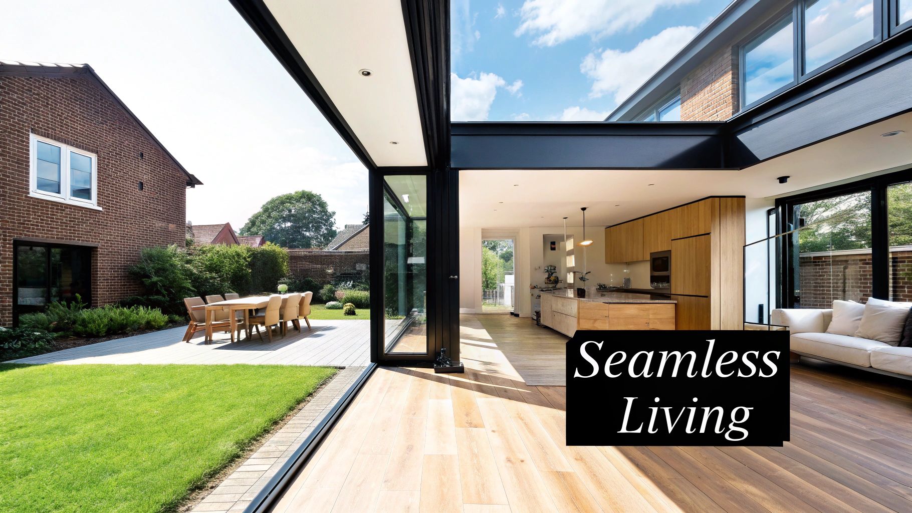 Modern house with large glass extension creating a seamless indoor-outdoor living space with a patio and garden.
