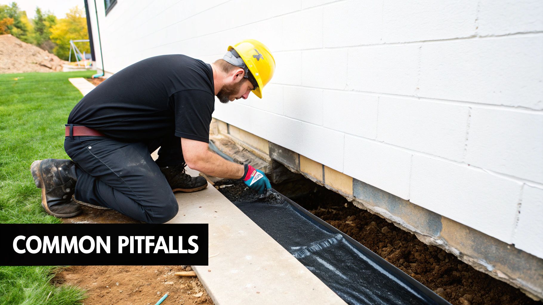 Construction worker installing a drainage system along the foundation of a white block house.