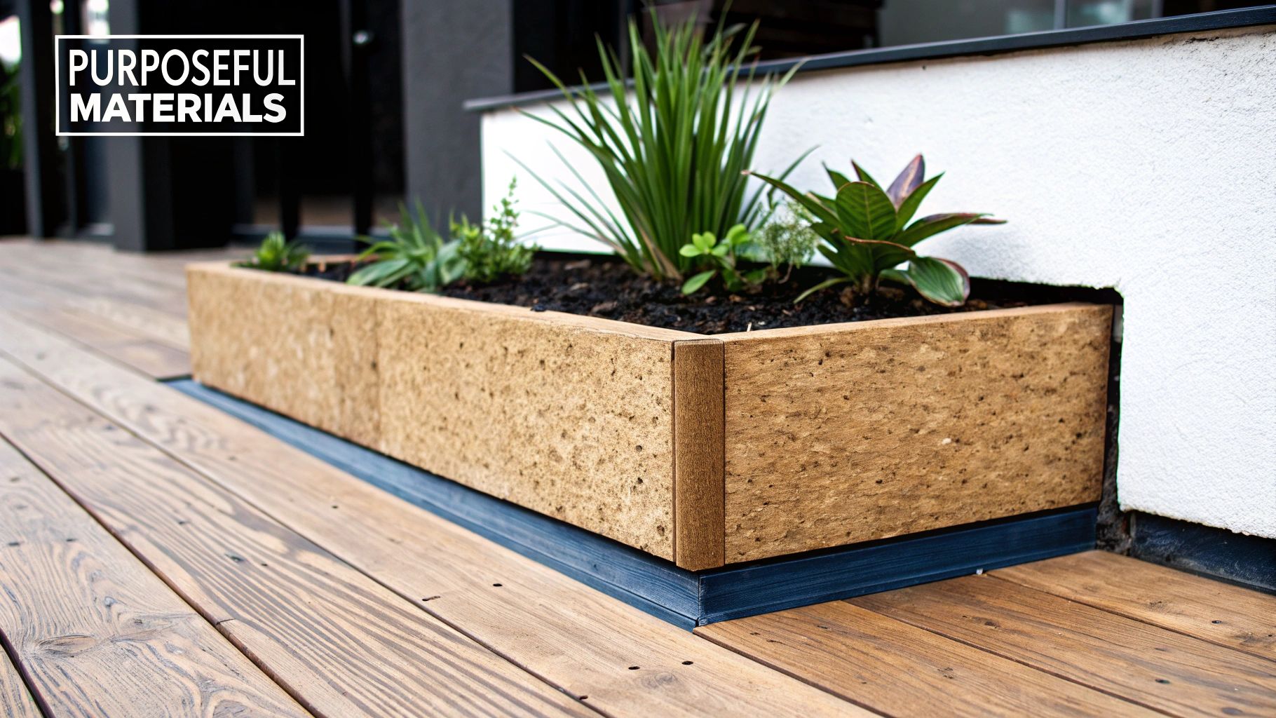 A close-up of a sustainable wooden planter box filled with green plants on an outdoor deck.
