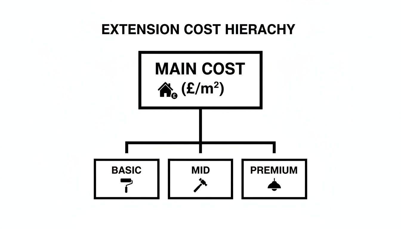 Hierarchy chart showing house extension costs per square meter, categorized into basic, mid, and premium tiers.