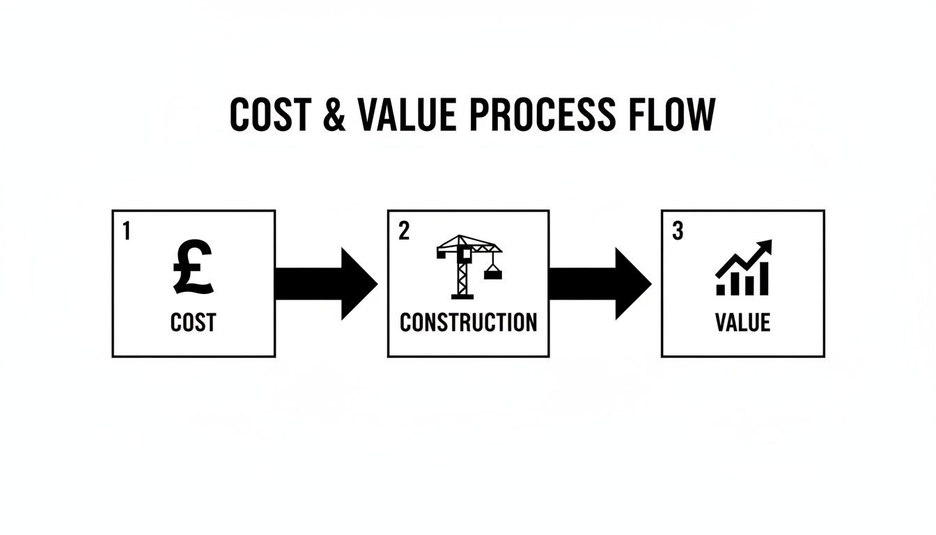 A process flow diagram illustrating cost, construction, and value stages with icons and arrows.