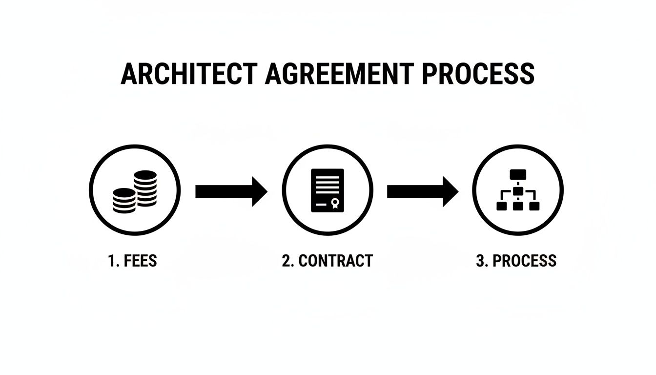 A three-step diagram showing the architect agreement process: fees, contract, and overall process.